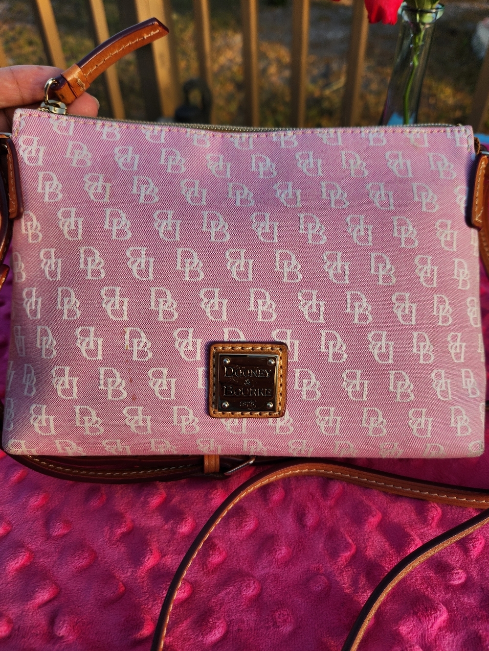 Dooney & Bourke Pink & White Canvus Logo Crossbody With Tan Leather Trim EUC - Picture 3 of 16